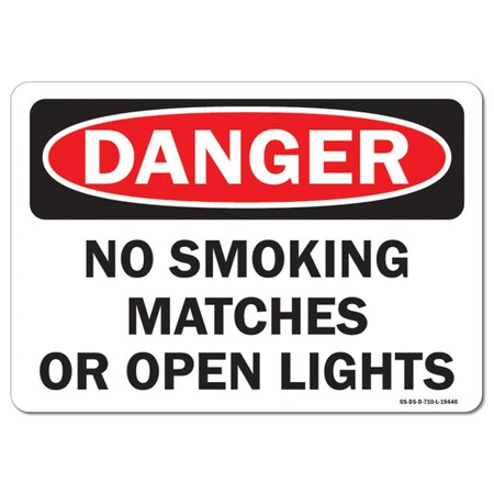 Signmission OSHA Danger Sign, No Smoking Matches or Open Lights, 24in X 18in Aluminum, 18" W, 24" L, Landscape OS-DS-A-1824-L-19446